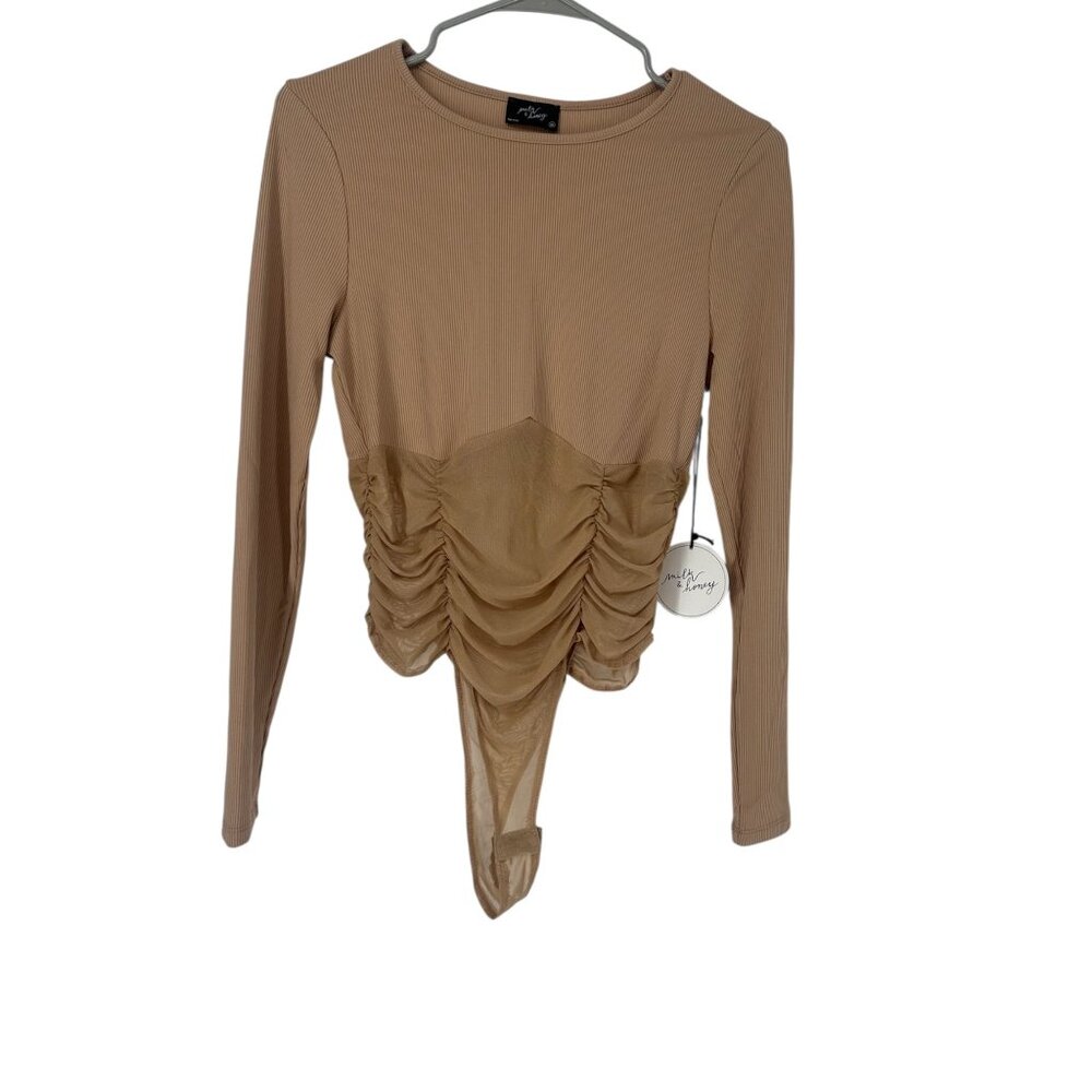 ✨ NWT Milk & Honey Camel Ruched Mesh Long Sleeve Bodysuit M ✨ - Picture 2 of 4